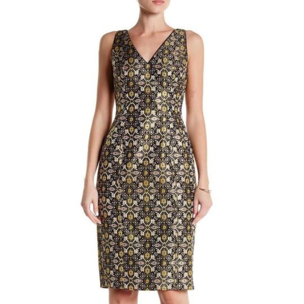 Adrianna Papell Black and Gold Patterned V-Neck Midi Dress